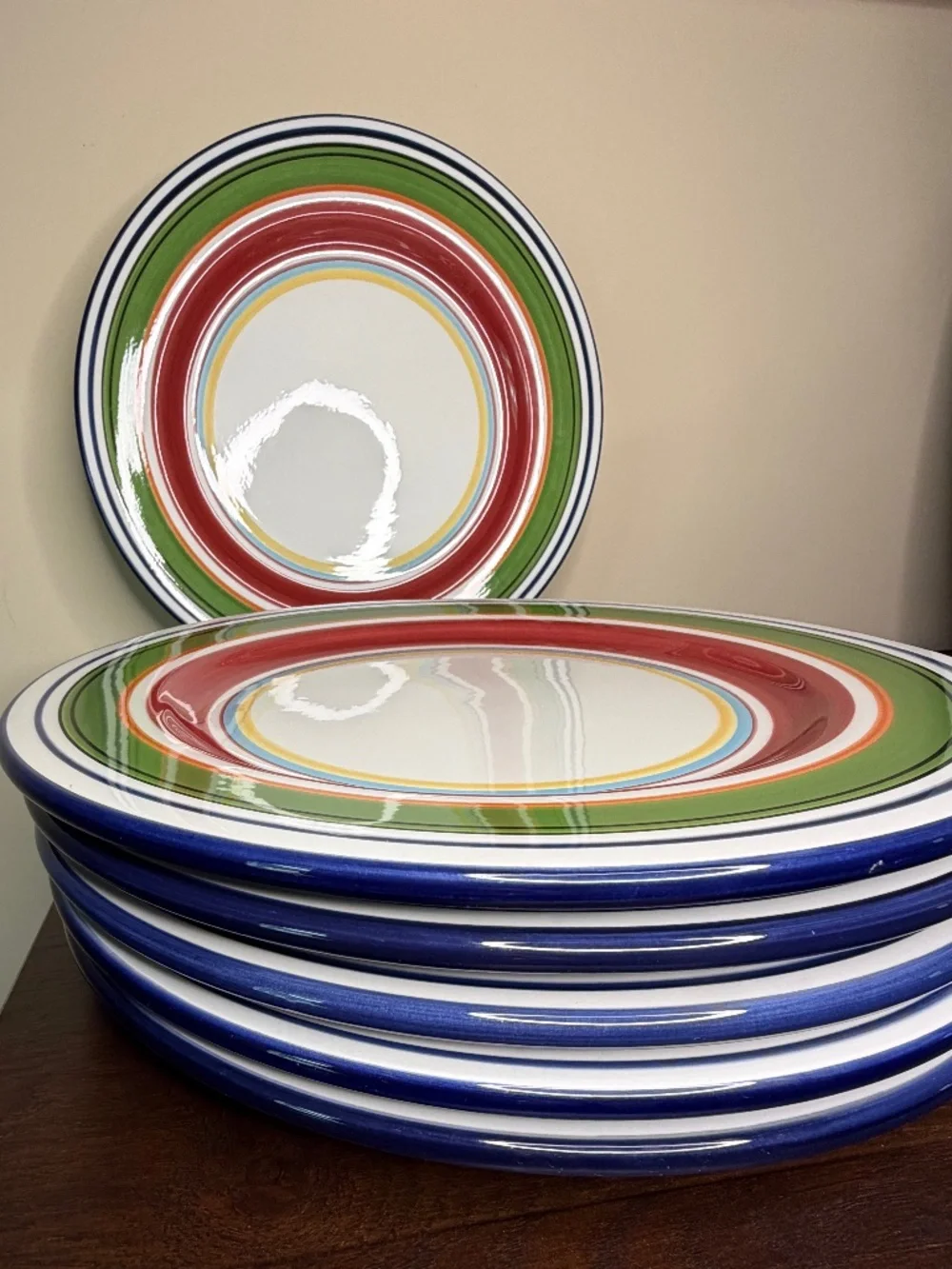 Pottery Barn Espadrille Stripe Dinner Plates Set of 7 Hand Painted 12.5
